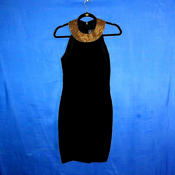 Vintage Alex Evenings Petite Black Velvet Dress - Gold Beaded Collar - Made in U - Picture 1 of 9